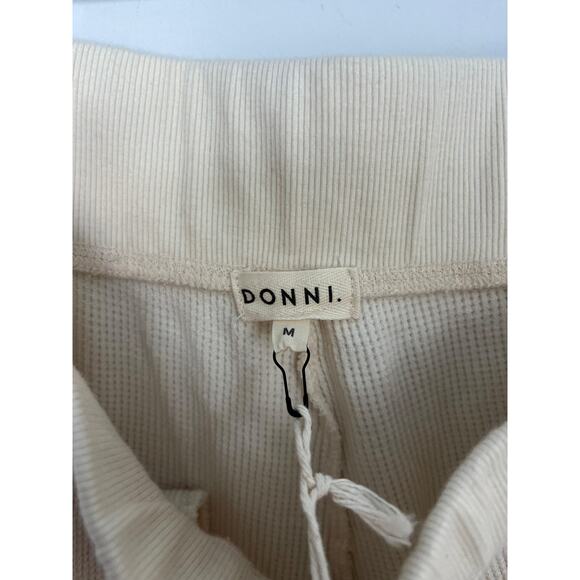 Donni Thermal Lounge Pants Women M Cream Button Front Ribbed Pull On - Picture 3 of 8
